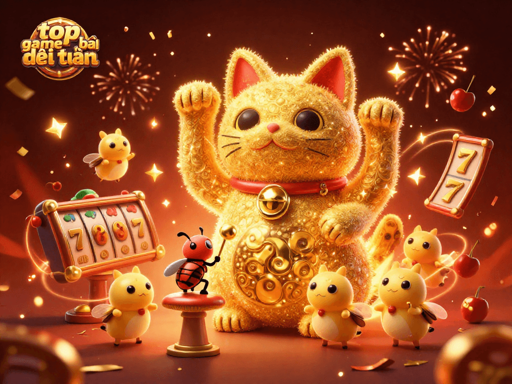 Experience the excitement of the top game bài đổi thưởng illustrated with a giant lucky cat and vibrant casino elements.