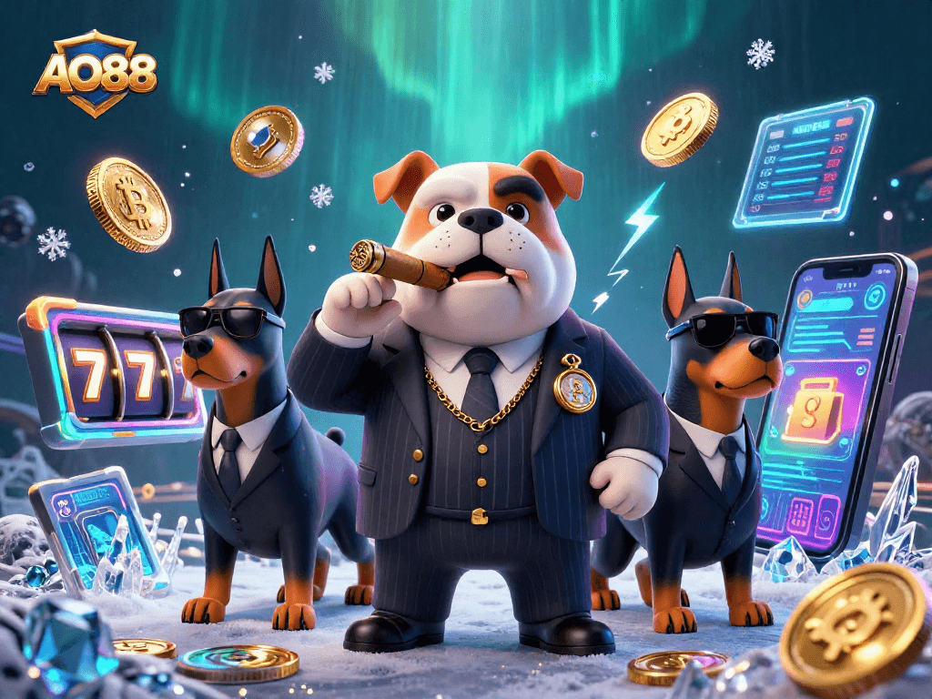 Engage in thrilling gameplay at AO88 with a 3D illustration featuring a mafia bulldog and casino elements.