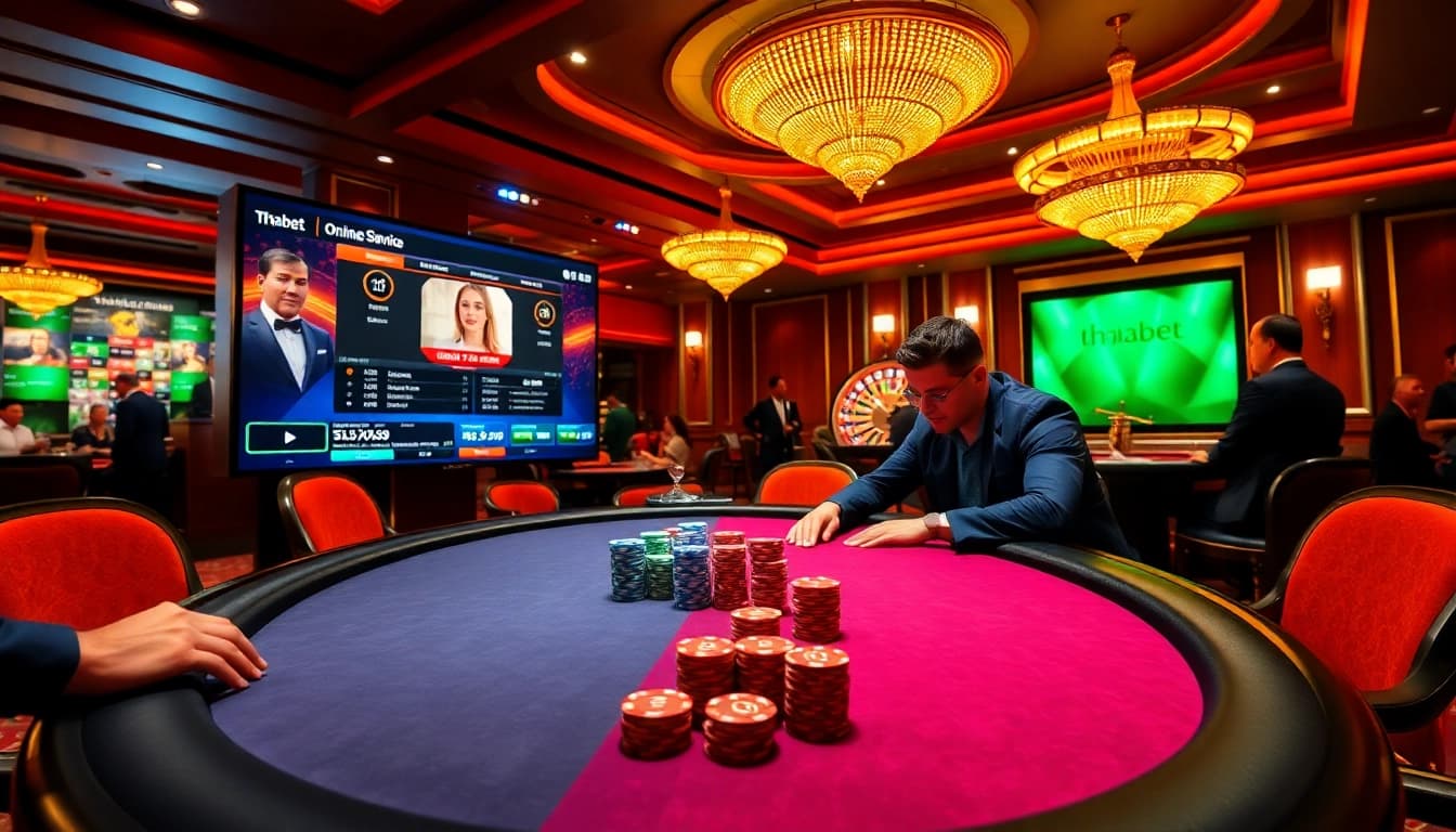 Engaged players at a thabet college-themed poker table in a vibrant casino atmosphere.