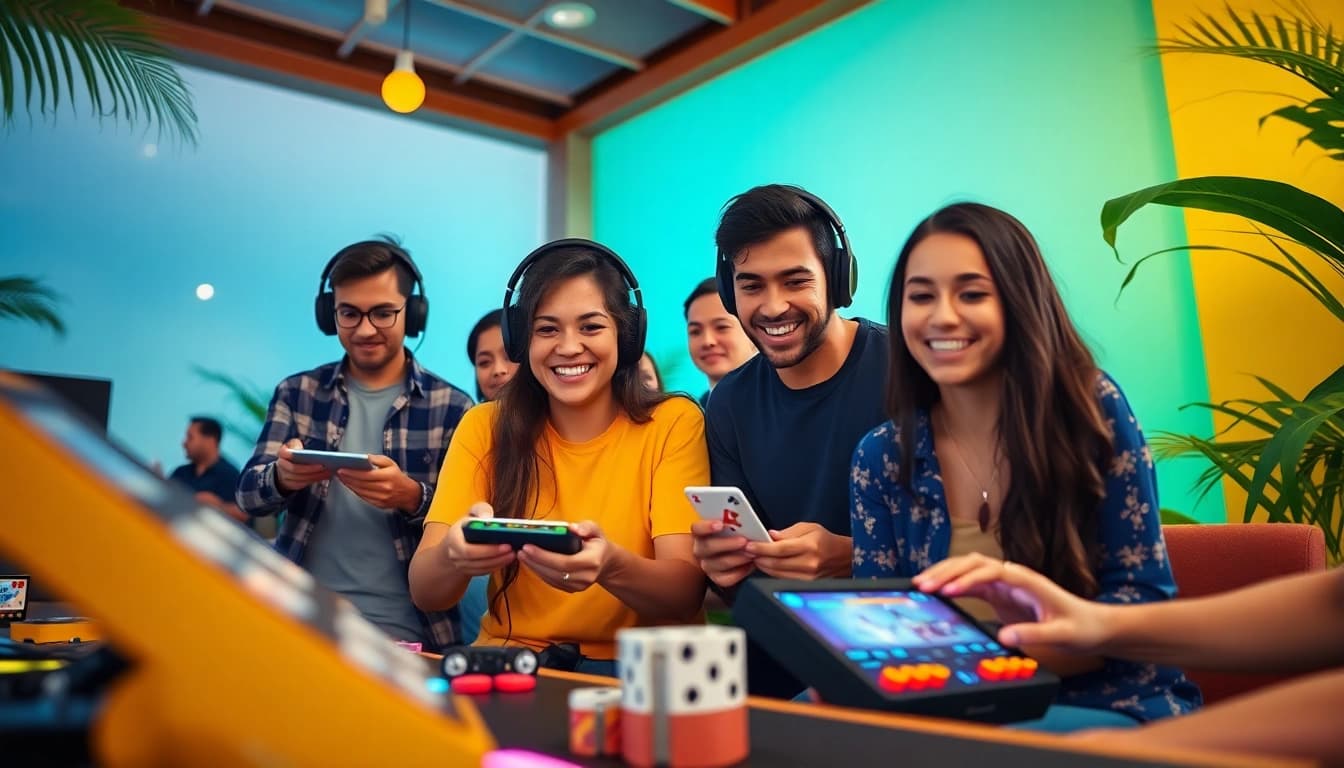 Dynamic scene showcasing 399W online betting platform with diverse users engaging in casual gaming and sound experiences.