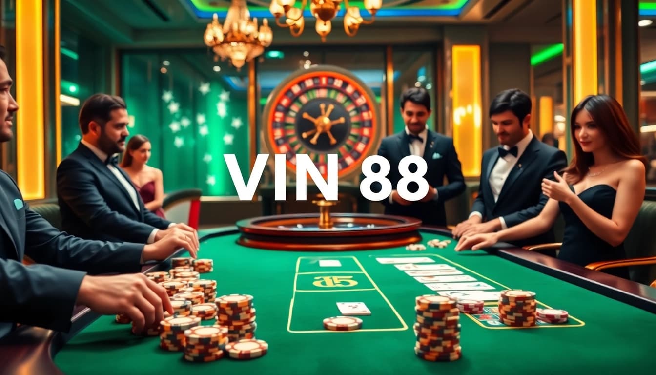 Engage with thrilling casino games at VIN 88 through an exciting gambling scene featuring poker and roulette.