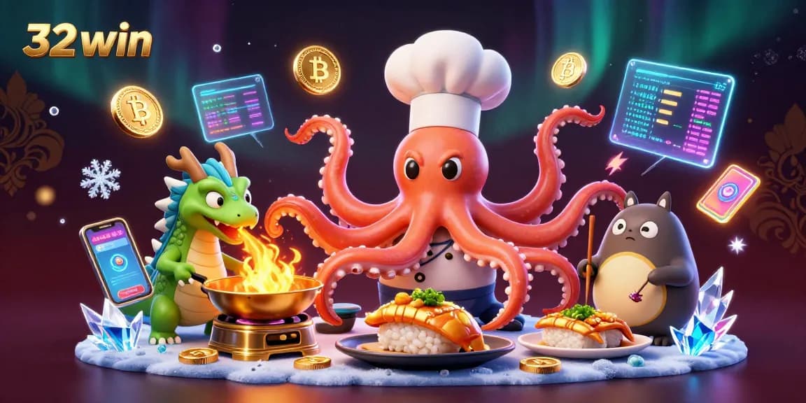 Join the action at 32win with exciting digital casino gaming elements and vibrant characters in an immersive illustration.