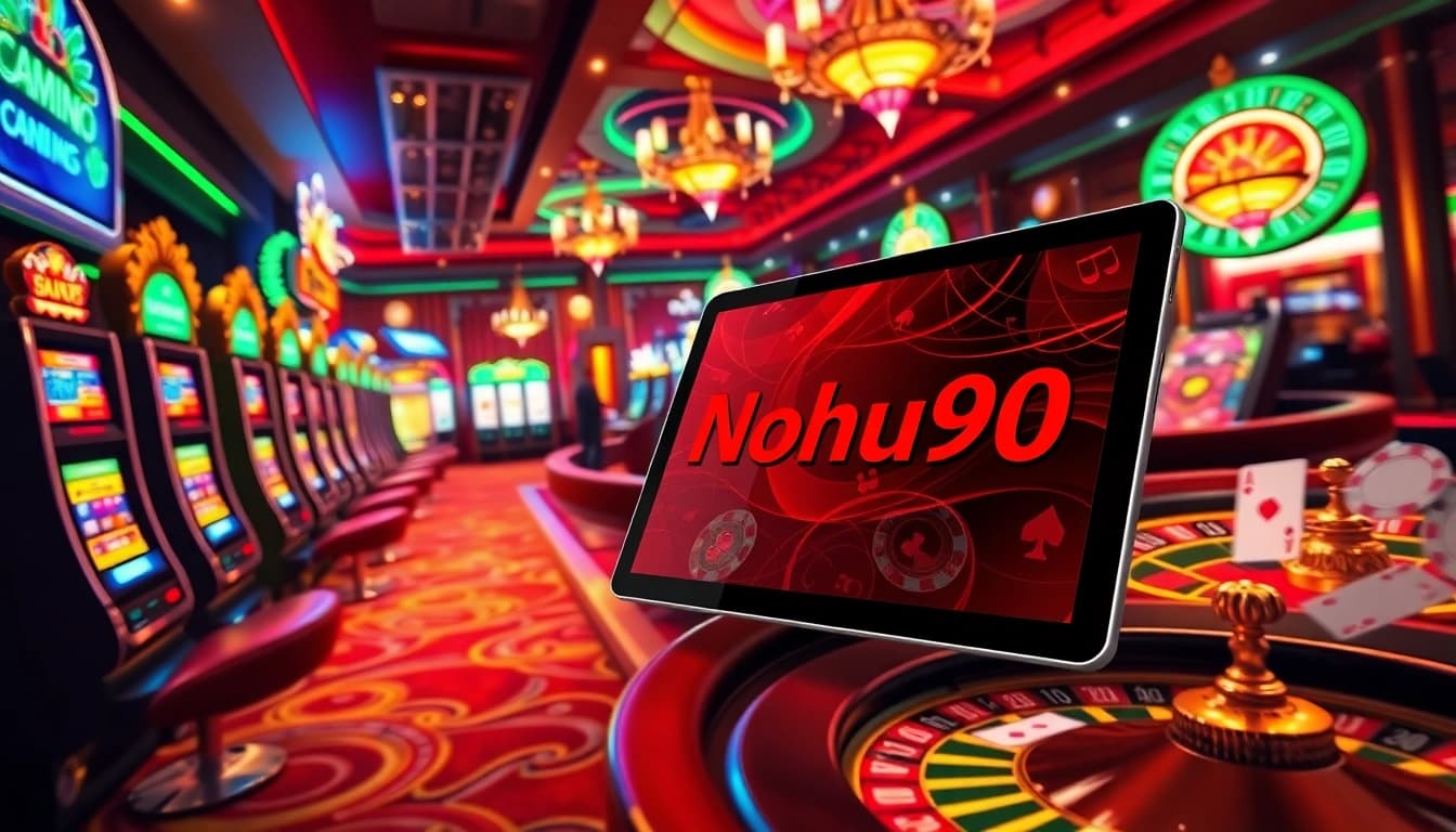 Nohu90 players engaging with high-stakes slot machines in a luxurious casino setting.