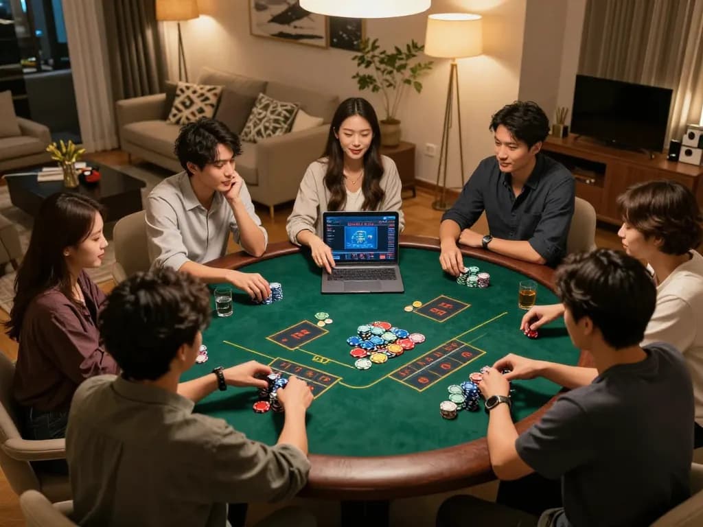 Friends enjoying a strategic game of tai xiu online in a cozy home atmosphere with drinks and chips.