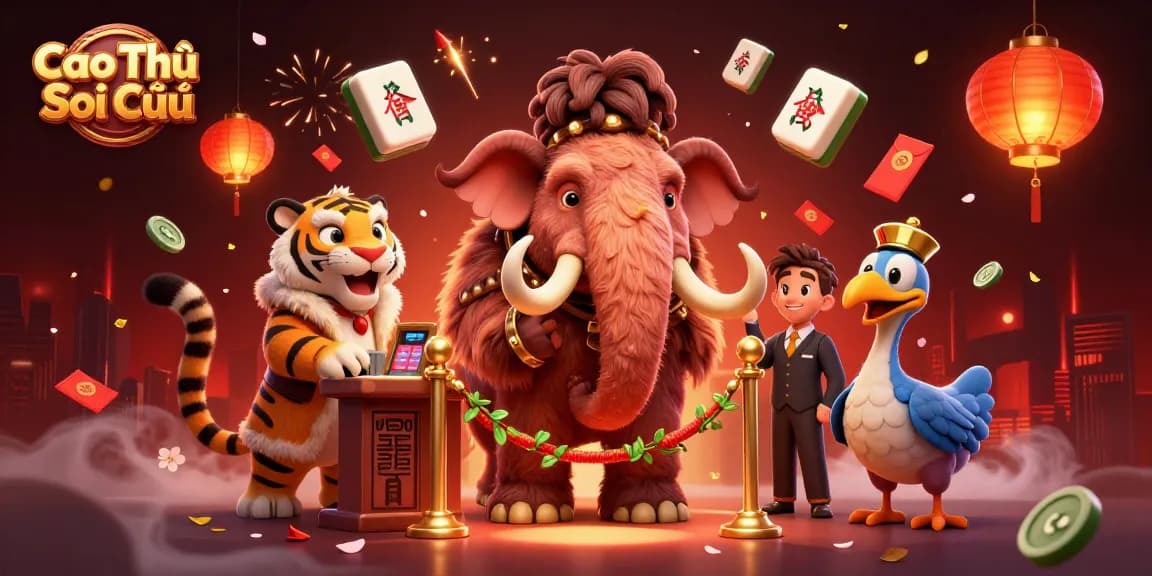 Cao Thủ Soi Cầu showcases a vibrant casino scene with animated characters like a mammoth bouncer and a VIP saber-tooth tiger.