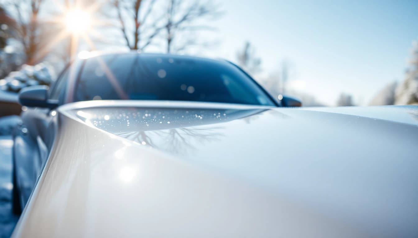 PPF winter road salt protection on a car in snow, showcasing durability and shine.