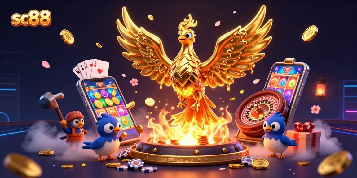 sc88 gaming scene with golden phoenix and casino elements in vivid 3D illustration