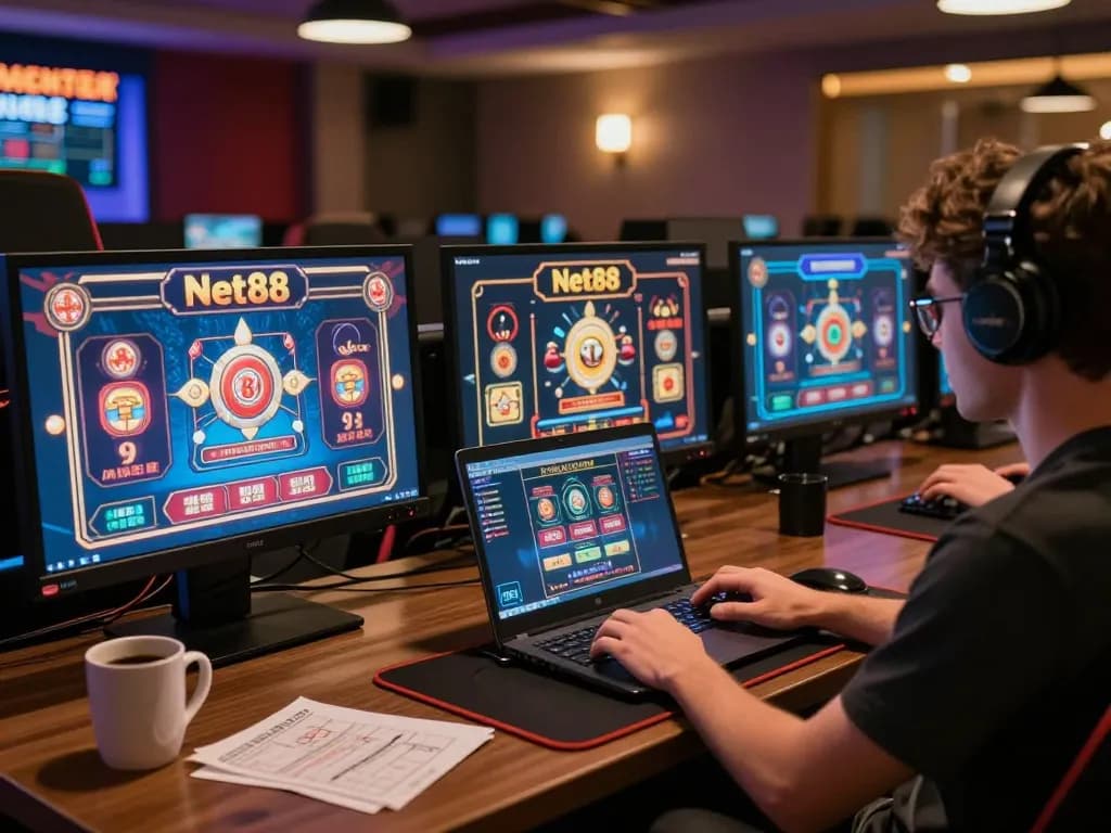 Engaged player enjoying net88 online casino games on multiple screens in a cozy setting