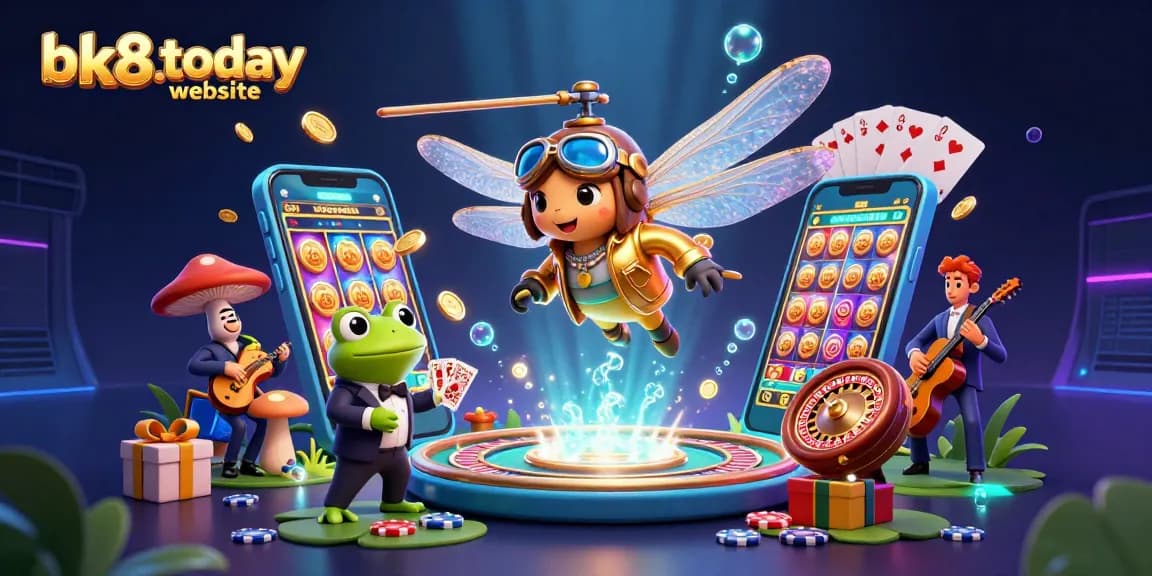 The bk8.today website showcases a vibrant animated scene with a dragonfly pilot and frog croupier, capturing the excitement of online gaming.