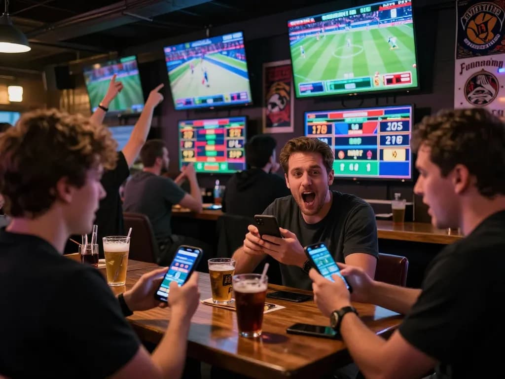 Fans engaging in sports betting while analyzing tỷ lệ kèo nhà cái on live screens