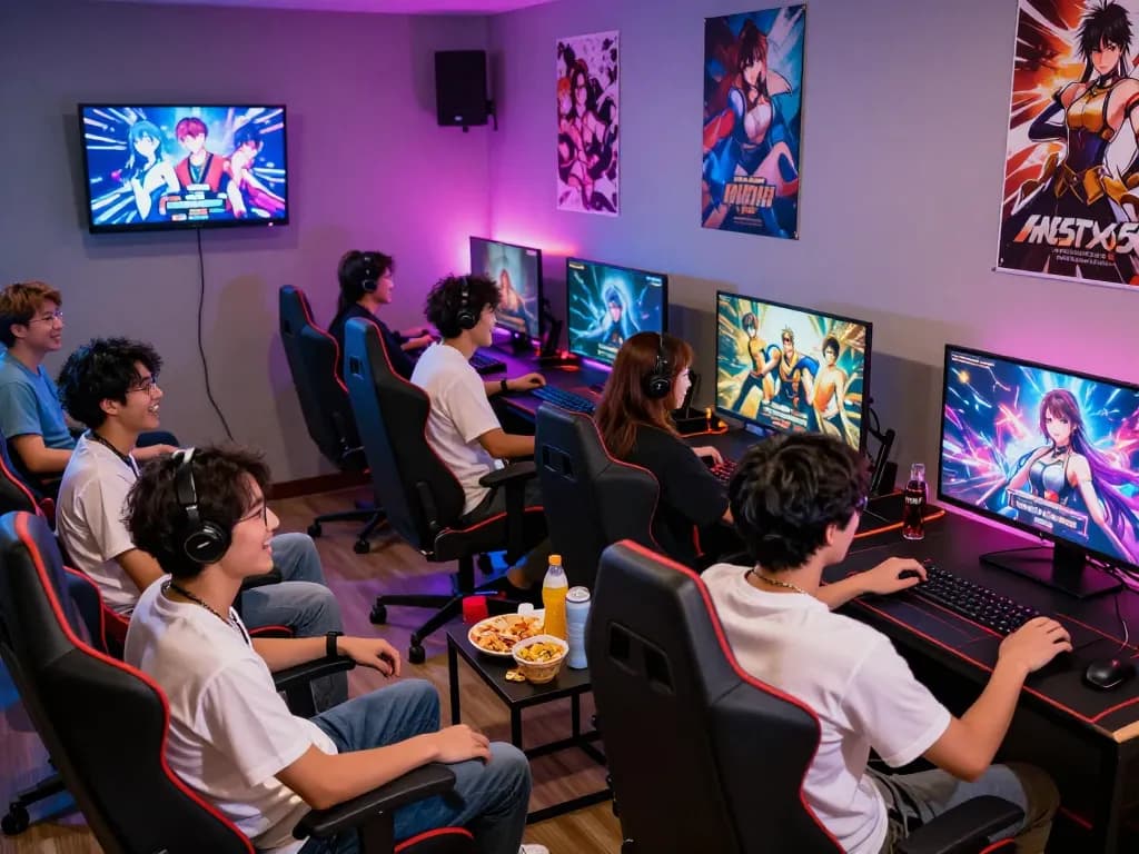 Engaging group of gamers playing hentai games in a vibrant gaming lounge.
