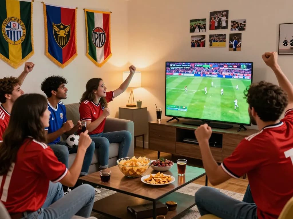 Xoilac soccer fans cheering while watching a live match on TV in a cozy living room environment.