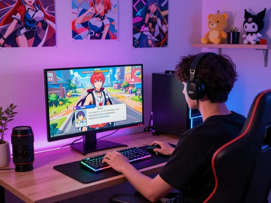 Player immersed in a colorful hentai game setup with vibrant visuals and gaming accessories.