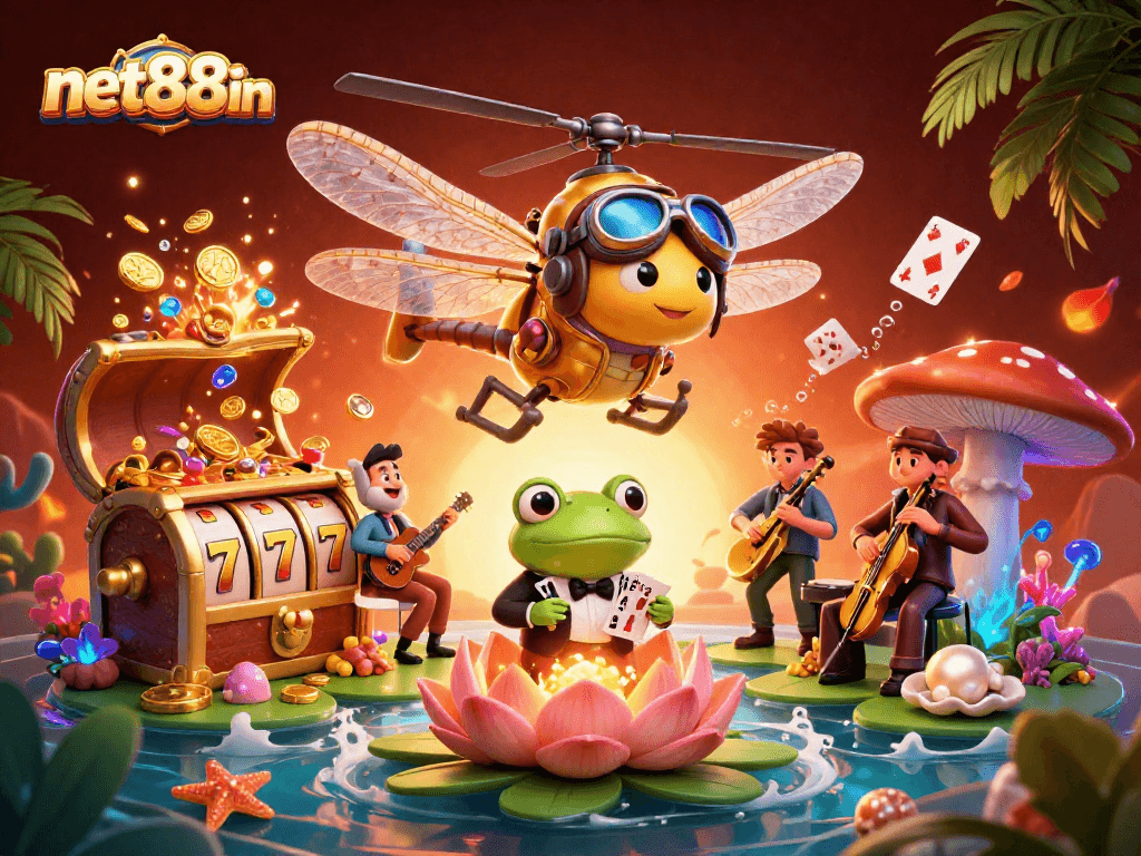 Experience the exhilarating action at net88in with a lively casino scene featuring unique characters.