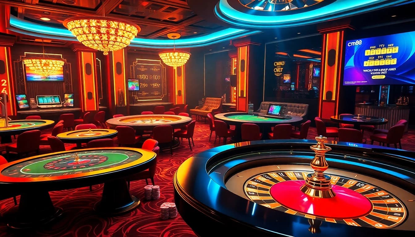 Thrilling online gambling scene featuring CM88, poker chips, and a roulette wheel in a luxurious casino.