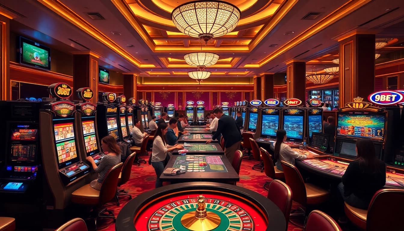 Players enjoying thrilling games at 9BET casino, showcasing excitement and luxury.
