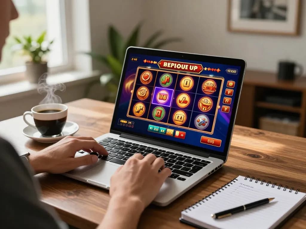 Engaging in pokies Australia gameplay on a stylish laptop at home, emphasizing strategy and comfort.