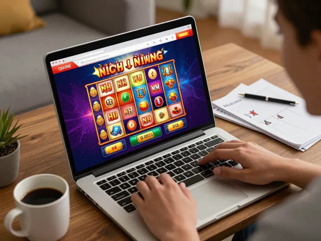 Nổ hũ gameplay on a laptop in a cozy home setting, showcasing vibrant casino graphics and excitement.