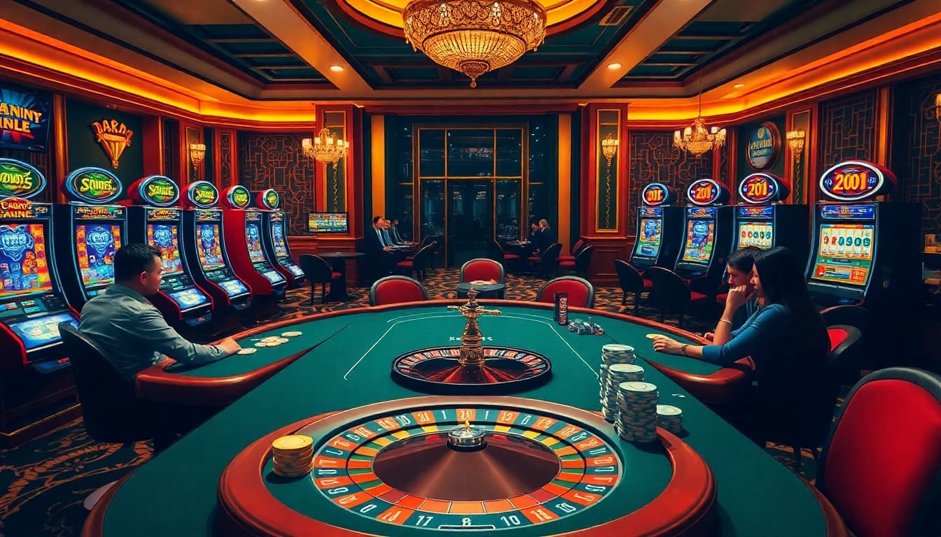 Engaging poker action at 789pa.in.net showcasing vibrant slot machines and roulette table.