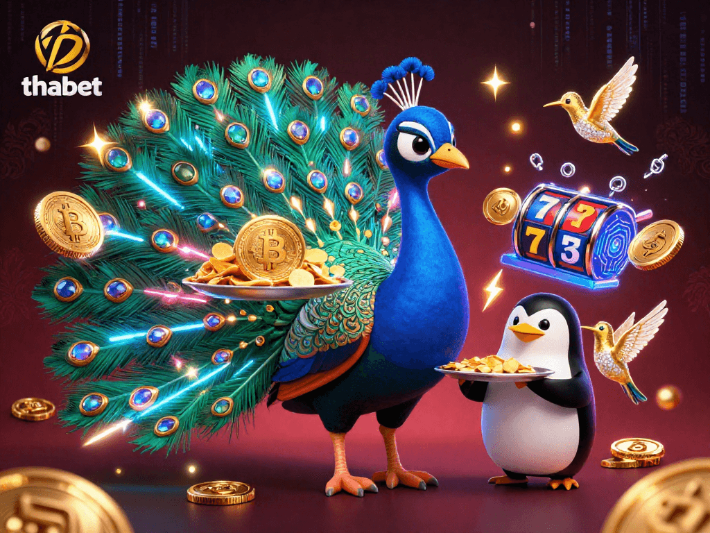Play with thabet's vibrant 3D casino illustration showcasing a peacock and golden chips.