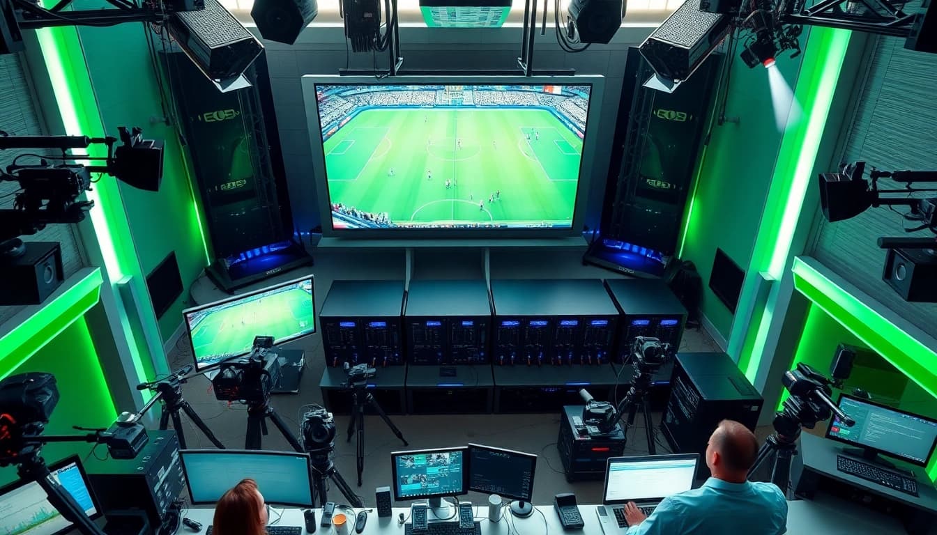 Capture dynamic sports broadcasting in a modern studio showcasing equipment and live coverage.