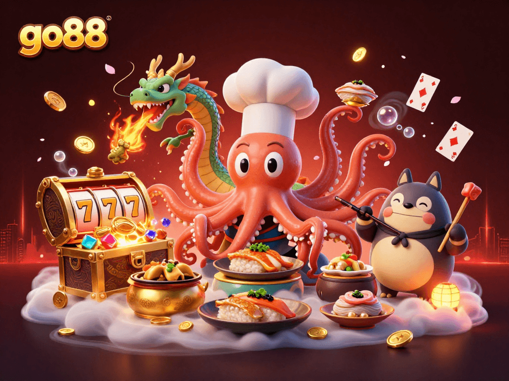 Experience go88's vibrant casino scene featuring an octopus chef preparing slots and treasures.