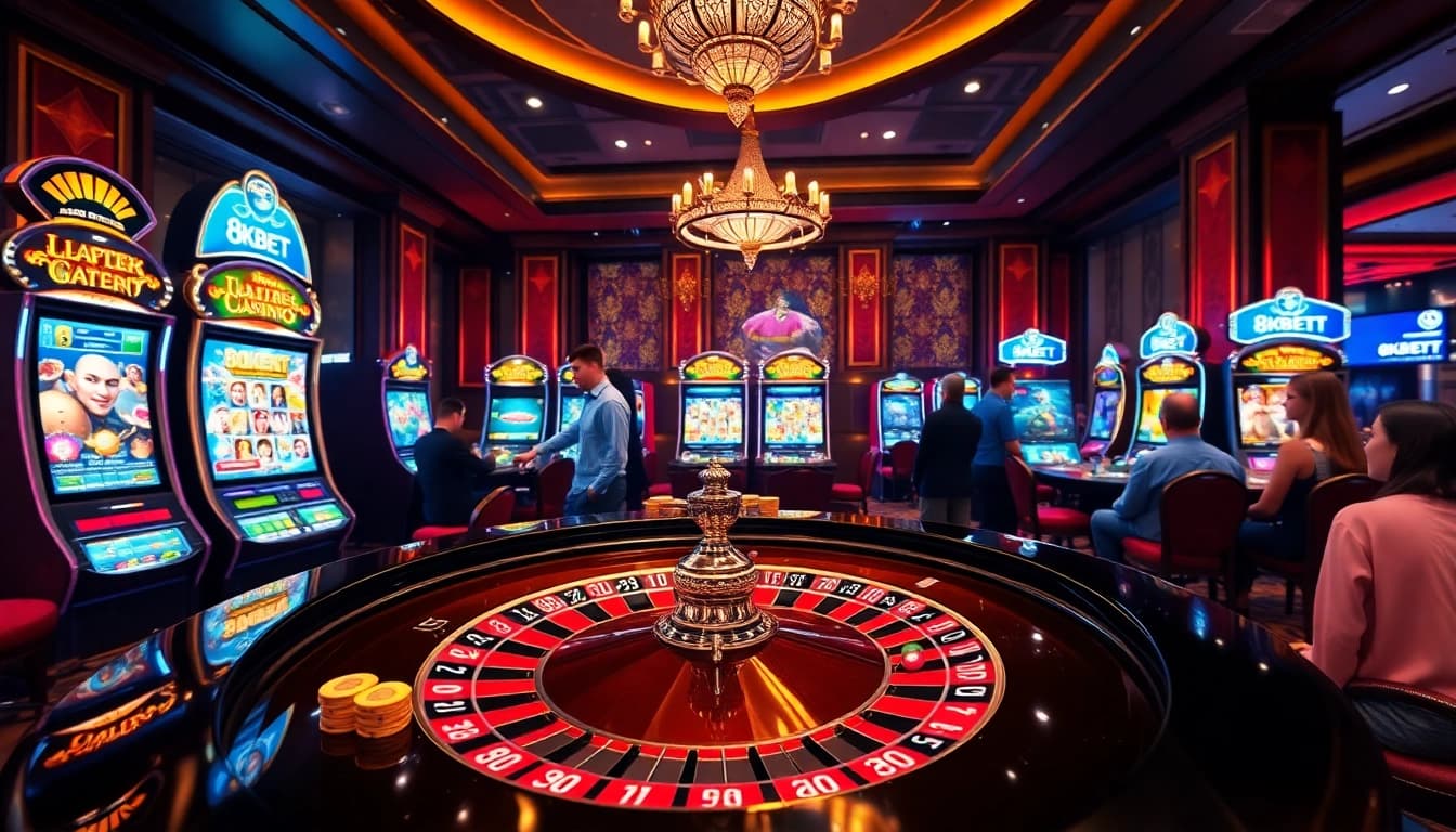 Experience the thrill of 8KBET with luxurious casino elements like slot machines and poker chips.