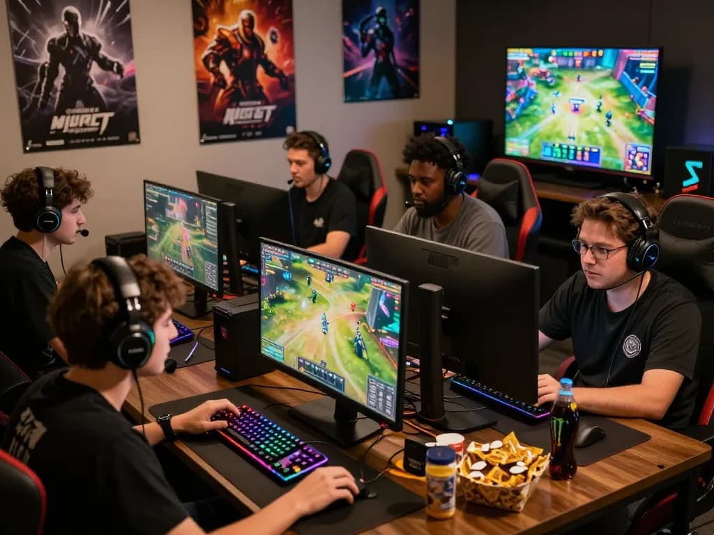 Gamer community engaging together at https://1gom.farm/ with vibrant game graphics, gear, and esports atmosphere.