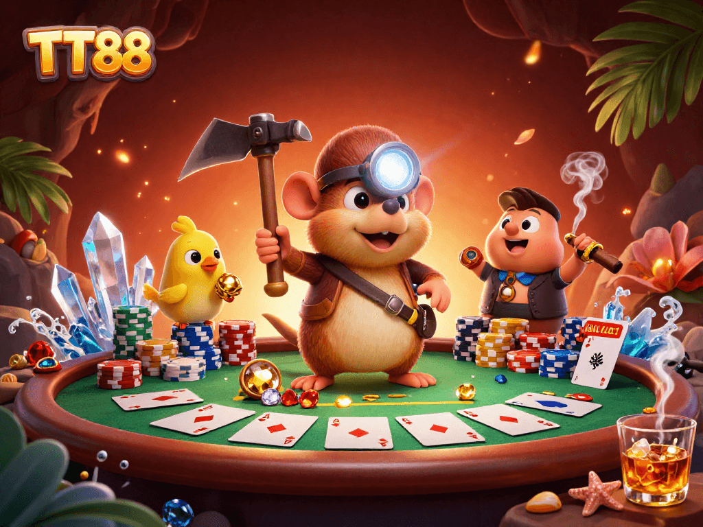 Engage with TT88 through vibrant 3D illustration highlighting casino excitement and treasure hunting.