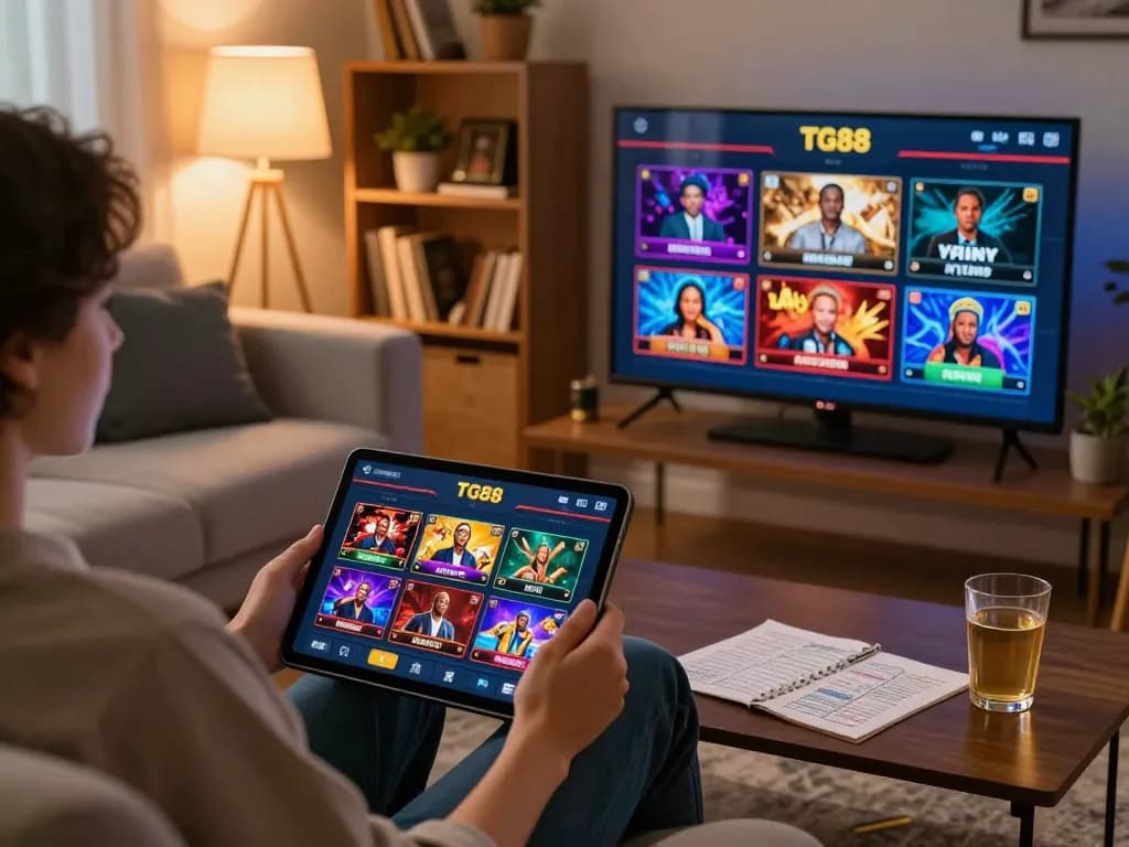 Player engaging with TG88 casino app on tablet in cozy living room setting.