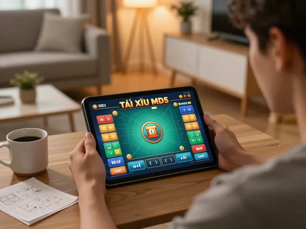 Engaging online gaming session showing a player enjoying tài xỉu md5 game on a tablet in a cozy setting