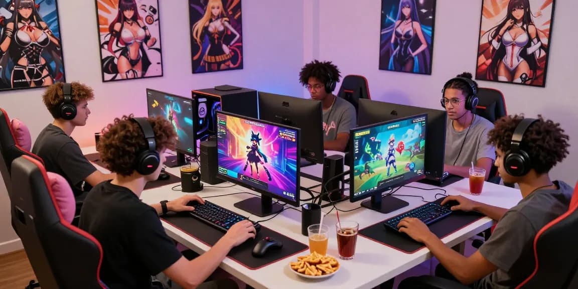 Engaged gamers enjoying free hentai games in a vibrant gaming room atmosphere with snacks and ambient lighting.