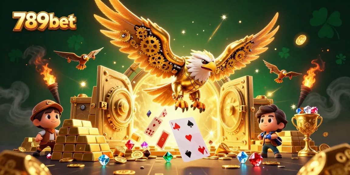 Experience the excitement of 789bet with a golden eagle soaring through virtual treasures and cards.