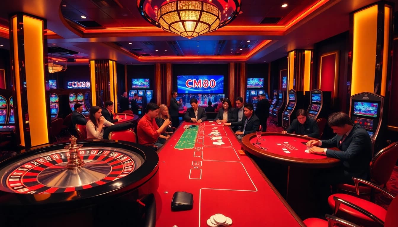 Engage with cm88 com's vibrant gaming atmosphere featuring roulette, cards, and enthusiastic players.
