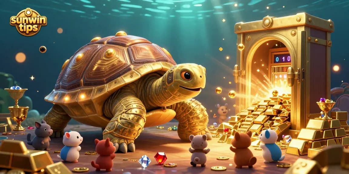 Spin with excitement at sunwin tips as a colossal golden tortoise reveals treasure in a vibrant casino scene.