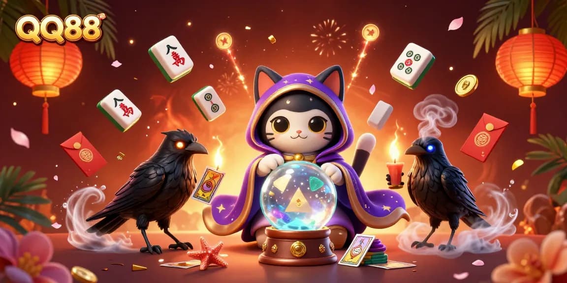 Engage with QQ88's mystic cat and raven in a whimsical casino scene brimming with excitement.
