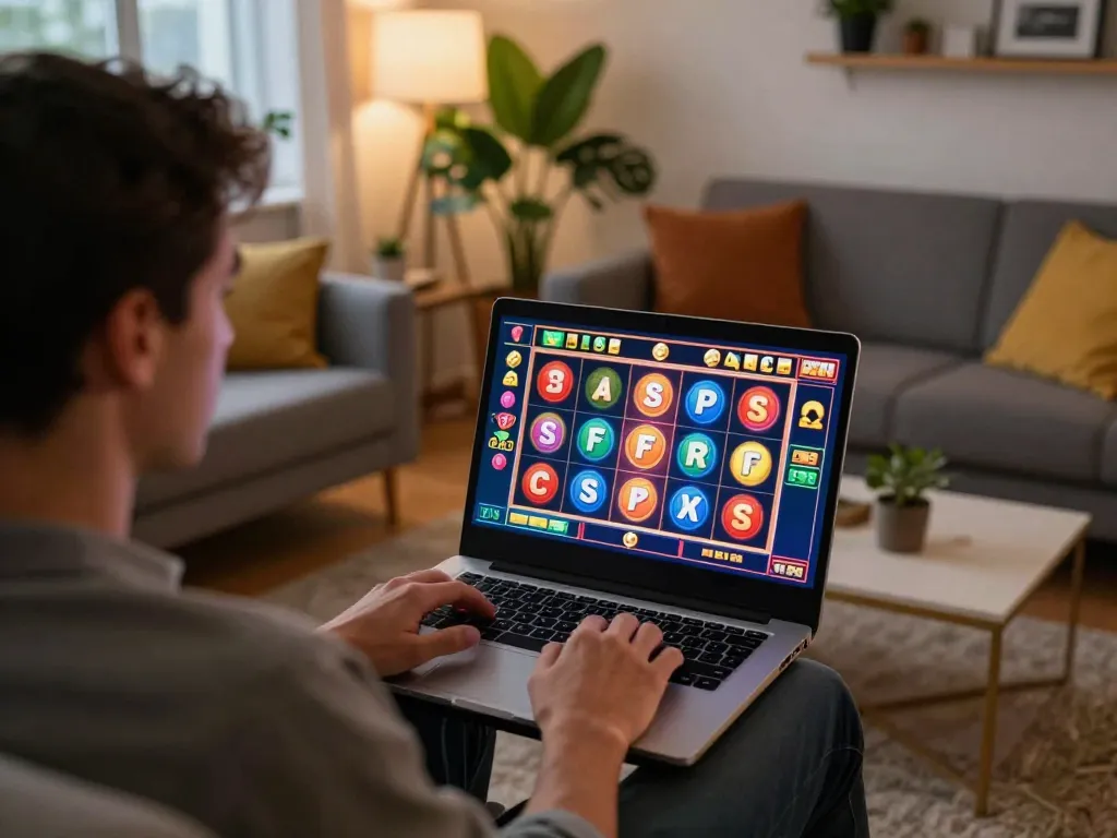 Player engages with 8K8 online slots interface during evening gaming session at home.