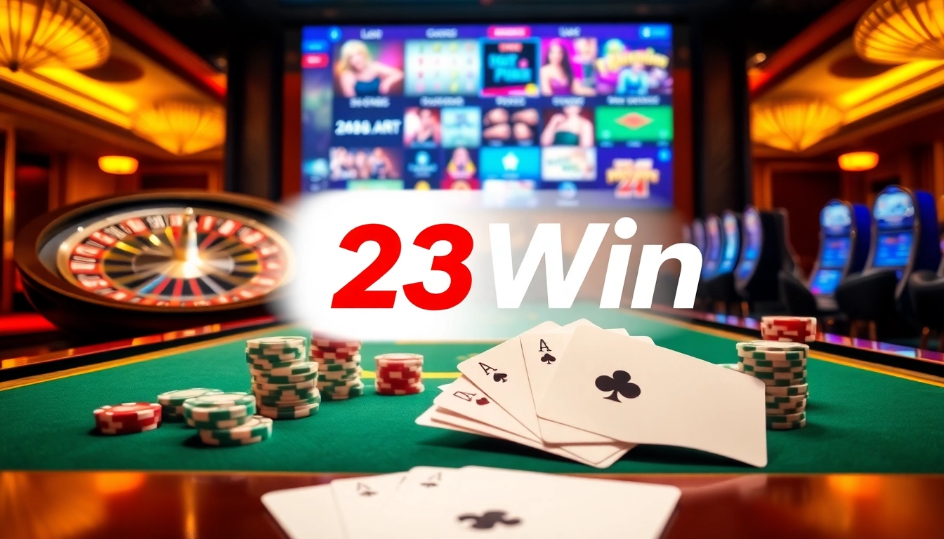 Experience the thrill of gambling with 23Win's vibrant casino visuals filled with roulette, cards, and chips.
