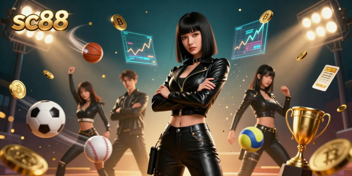 Engage with the exciting world of sc88 online betting featuring a powerful Asian woman amidst flying sports elements and golden Bitcoin coins.