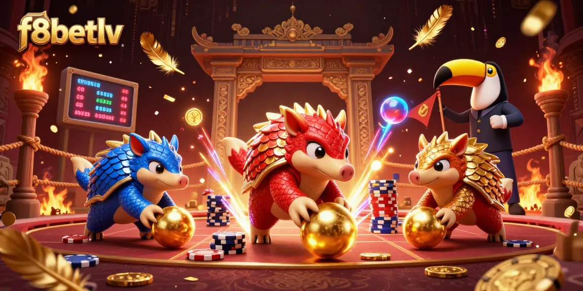 f8betlv showcases rival pangolins in a vibrant casino scene, rolling chips and golden sparks.