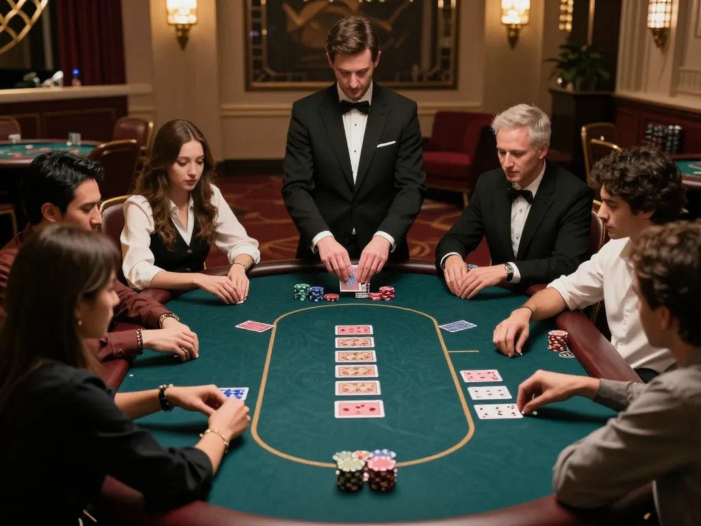 Players at a poker table in a luxurious casino environment, captivated by no hu casino game strategies.