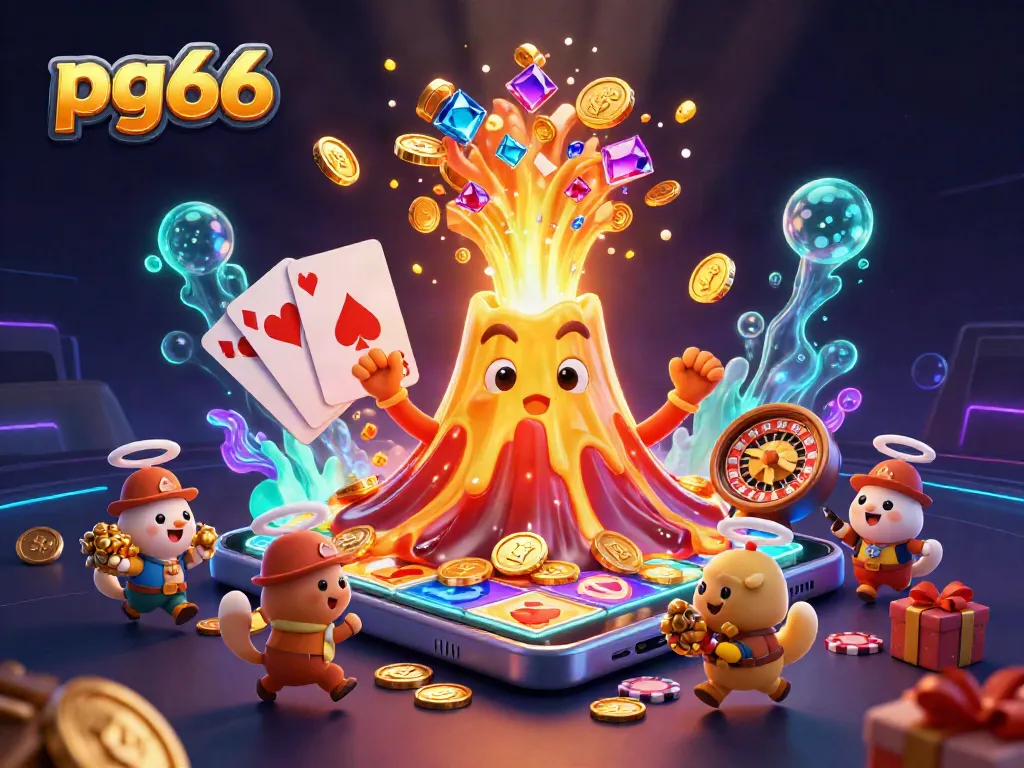 Engage in thrilling gameplay with pg66 as golden treasures erupt from the volcano in this lively casino scene.