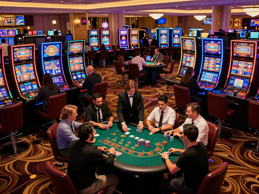 Players enjoying a thrilling game night at SC88 Casino, lively atmosphere with colorful slots and engaged gaming tables