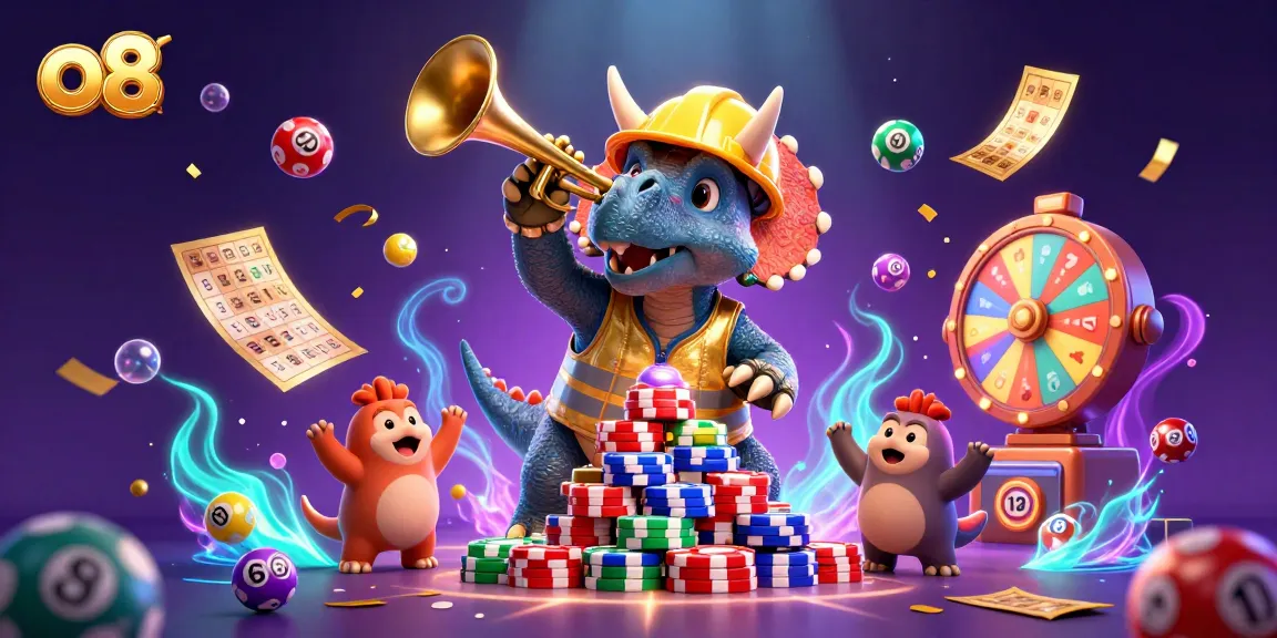 Win big at o8 as a triceratops builds a poker chip pyramid amongst vibrant gaming elements.
