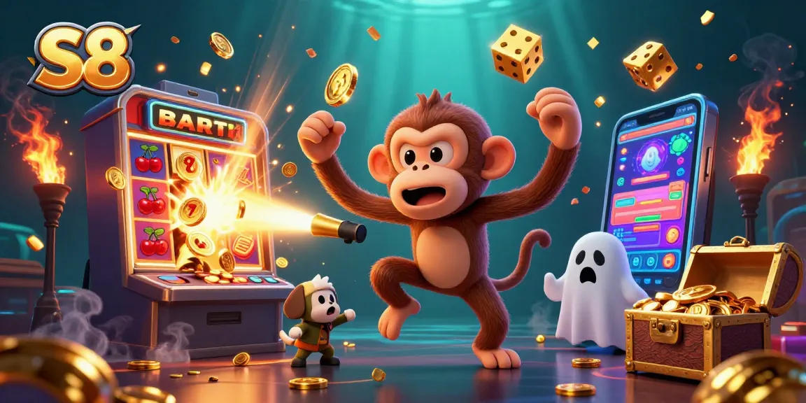 S8 casino features a playful poltergeist monkey juggling casino items while a ghost-hunter puppy tracks it.