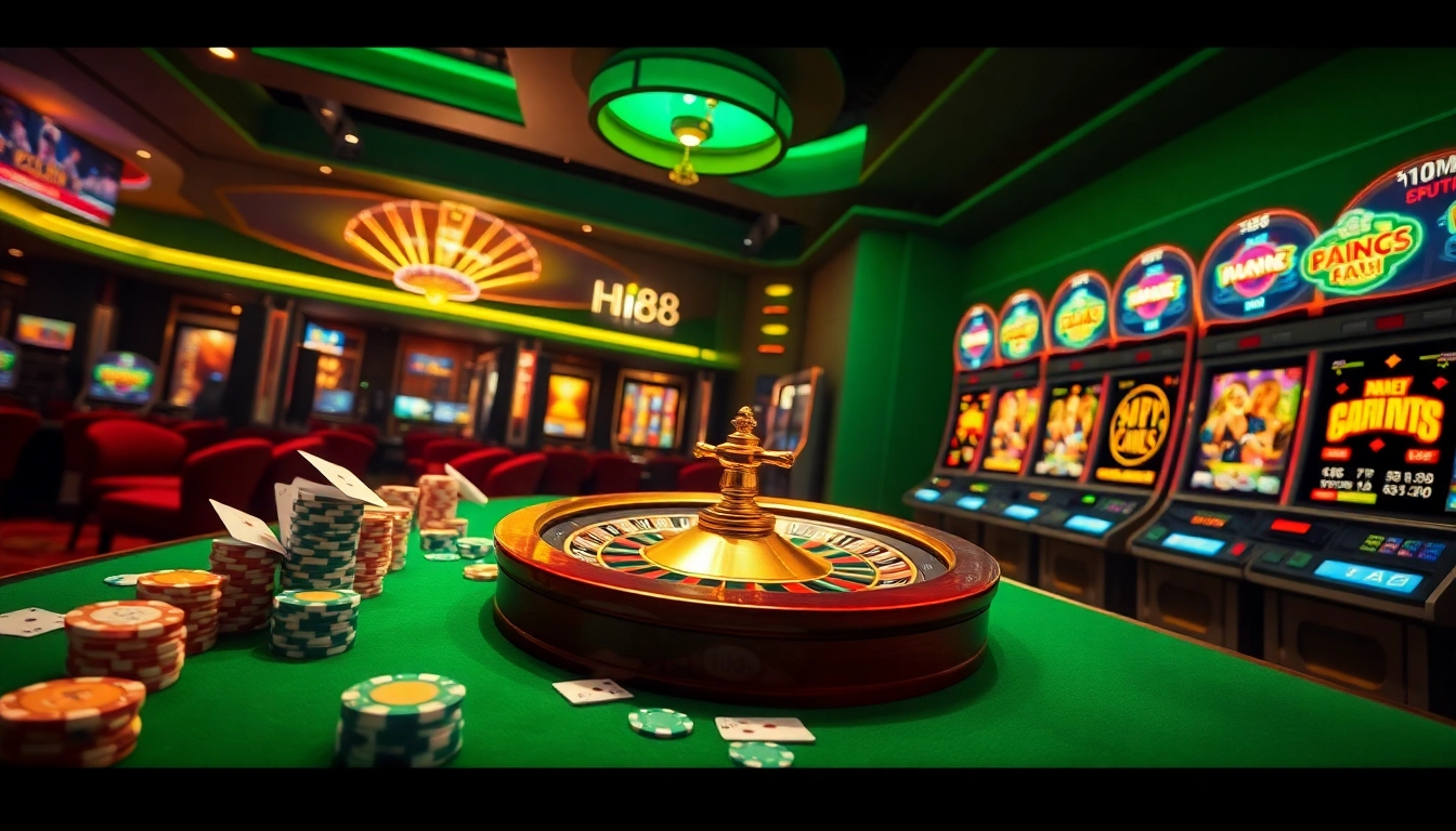 Hi88 players enjoying thrilling interactions at luxury casino tables stacked with poker chips.