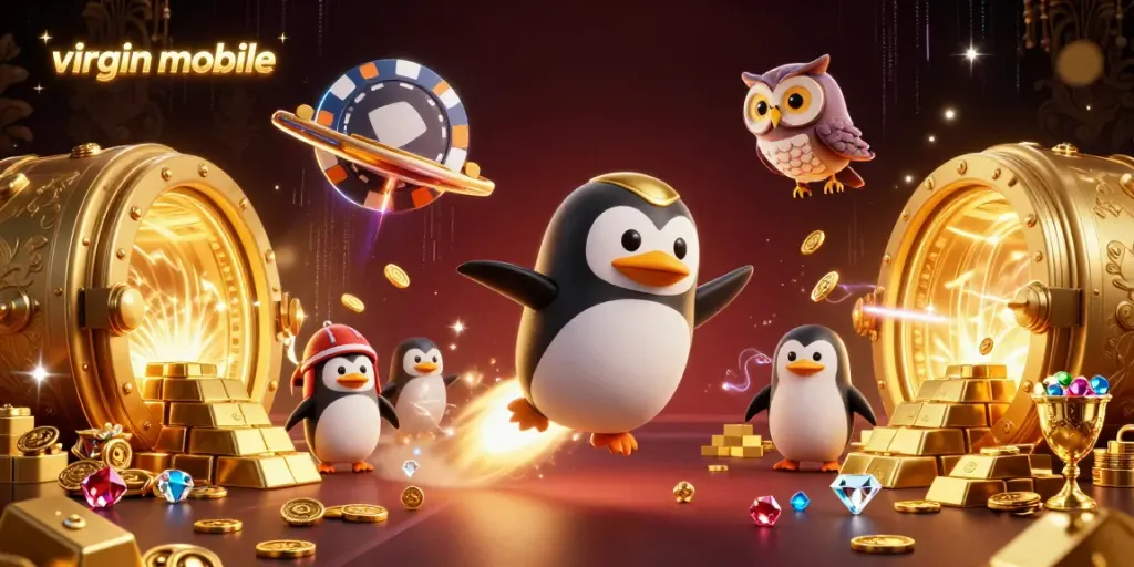 Experience thrilling gameplay at virgin-mobile with a golden rocket penguin navigating a vibrant casino scene.