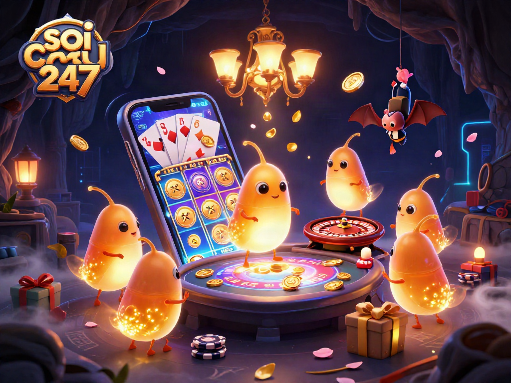 Illuminate your gameplay with soi cau 247 in a vibrant casino scene featuring glowworms and gaming elements.