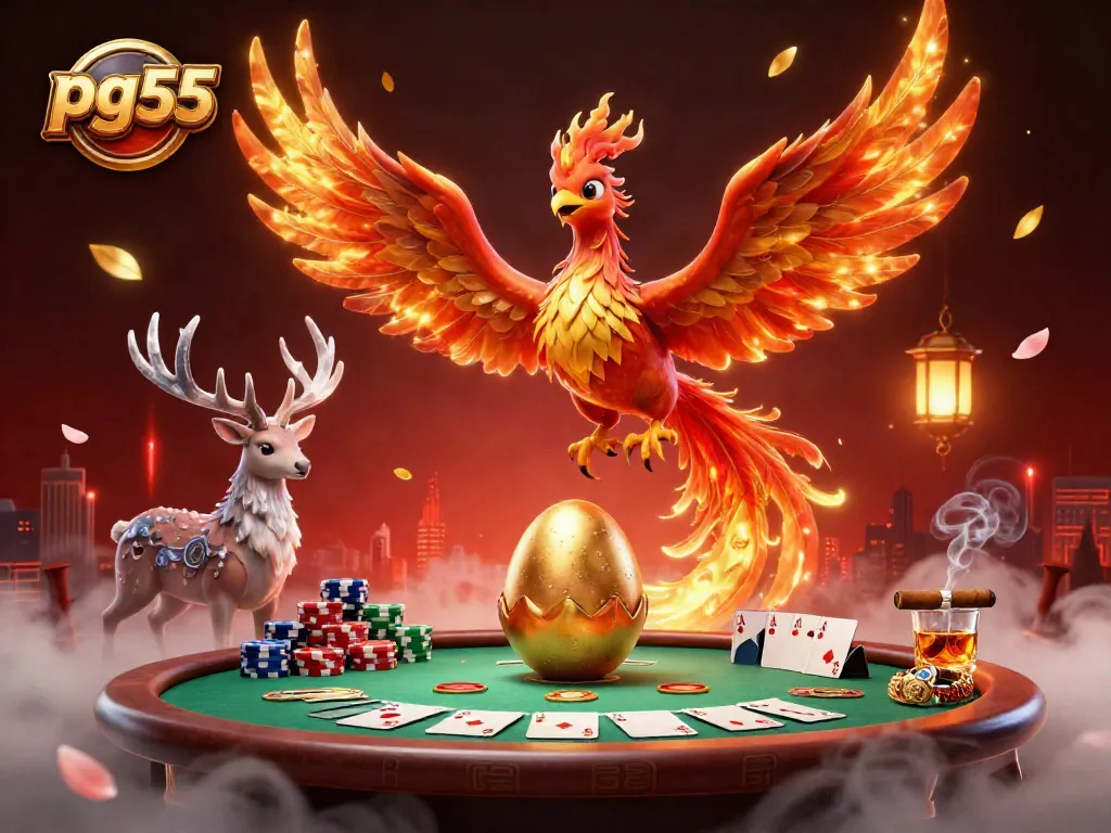 Engage in exciting gaming moments with pg55 as a fire phoenix and mystical stag showcase a vibrant casino scene.
