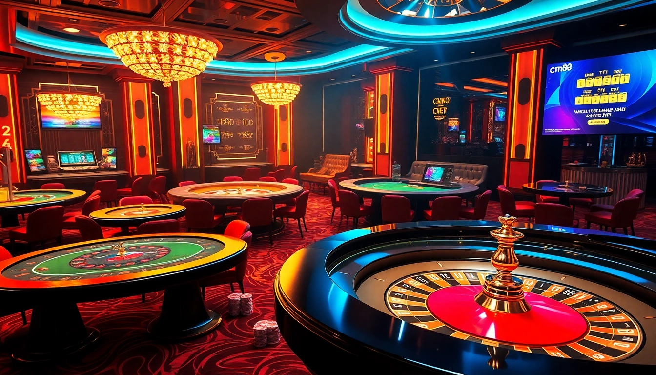 Thrilling online gambling scene featuring CM88, poker chips, and a roulette wheel in a luxurious casino.